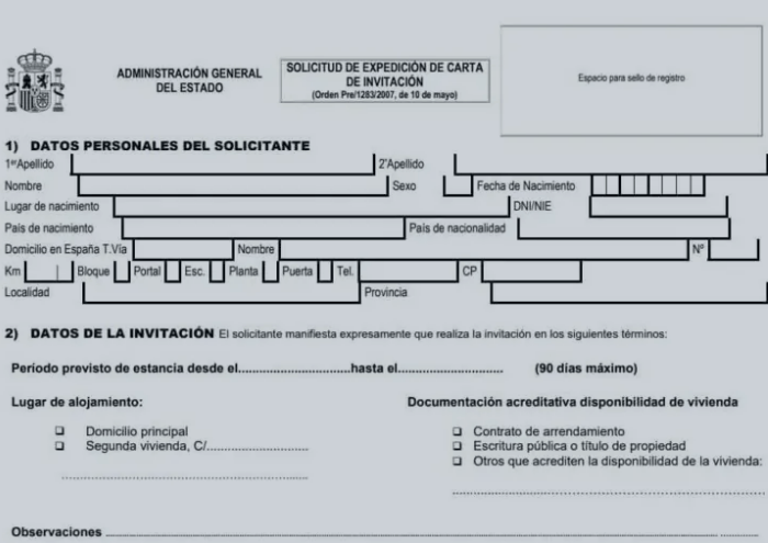 carta de invitación a españa